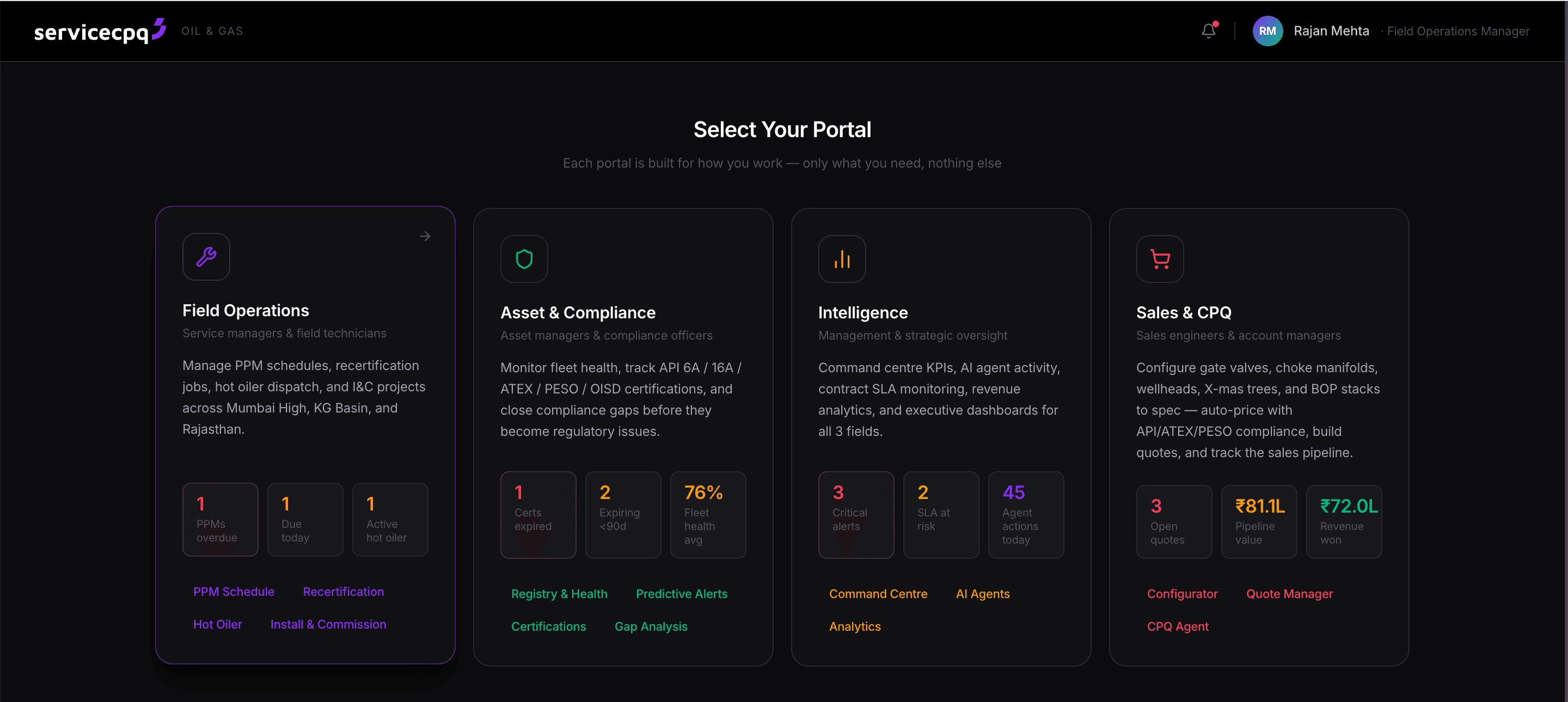 ServiceCPQ oil & gas role selector and field service dashboard