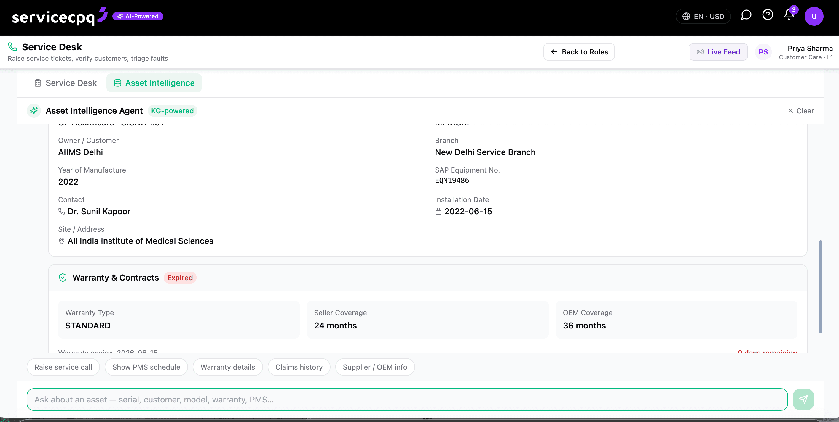 ServiceCPQ AI asset intelligence agent — a machine's owner, install date, warranty and contract coverage surfaced from the knowledge graph, with quick actions to raise a service call, show the PMS schedule or warranty details
