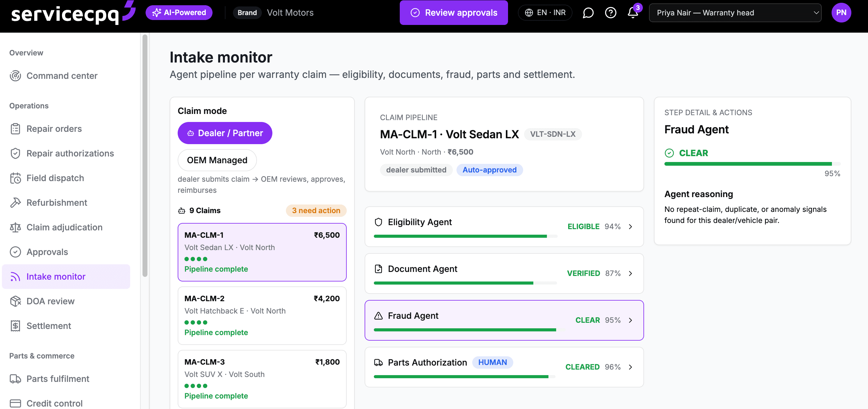 ServiceCPQ claims intake monitor — a per-claim agent pipeline showing eligibility, document, fraud and parts-authorization agents with confidence scores, auto-approving a dealer-submitted claim within policy