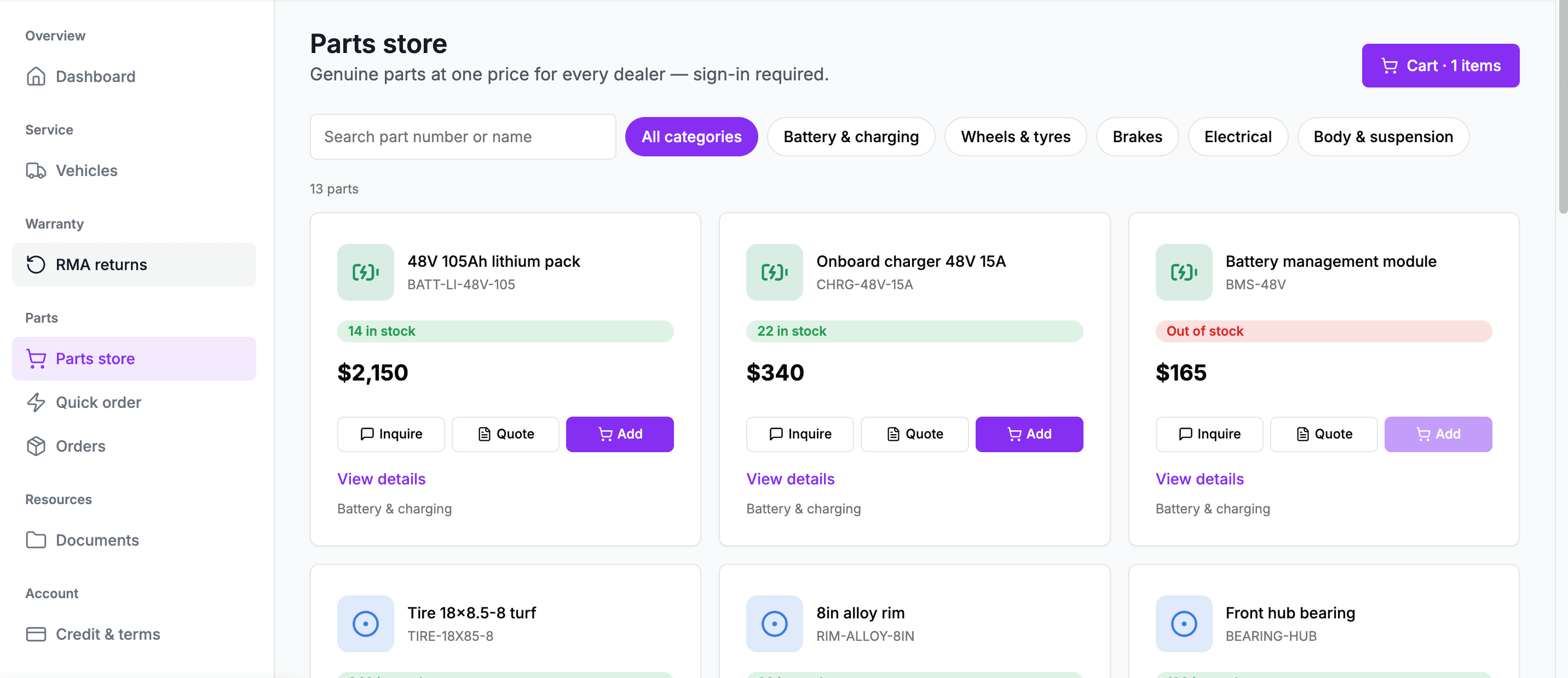 ServiceCPQ dealer parts store — genuine parts at uniform dealer pricing behind a login, with part-number search, stock levels, inquire / quote / add to cart, and RMA returns in the navigation