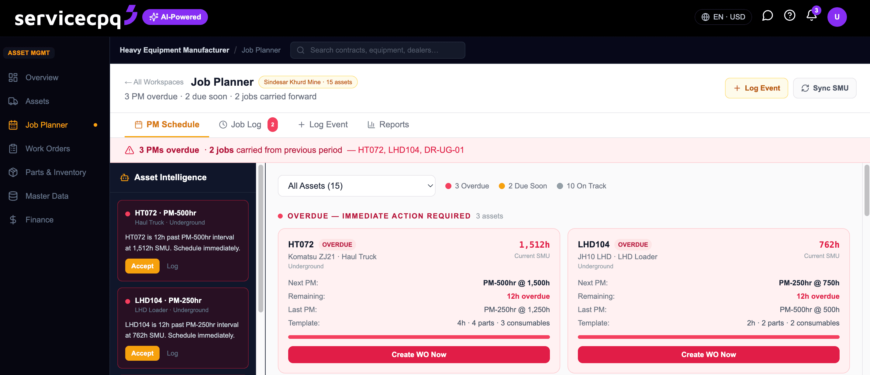 ServiceCPQ asset management plan showing lifecycle events, PM schedule and component health
