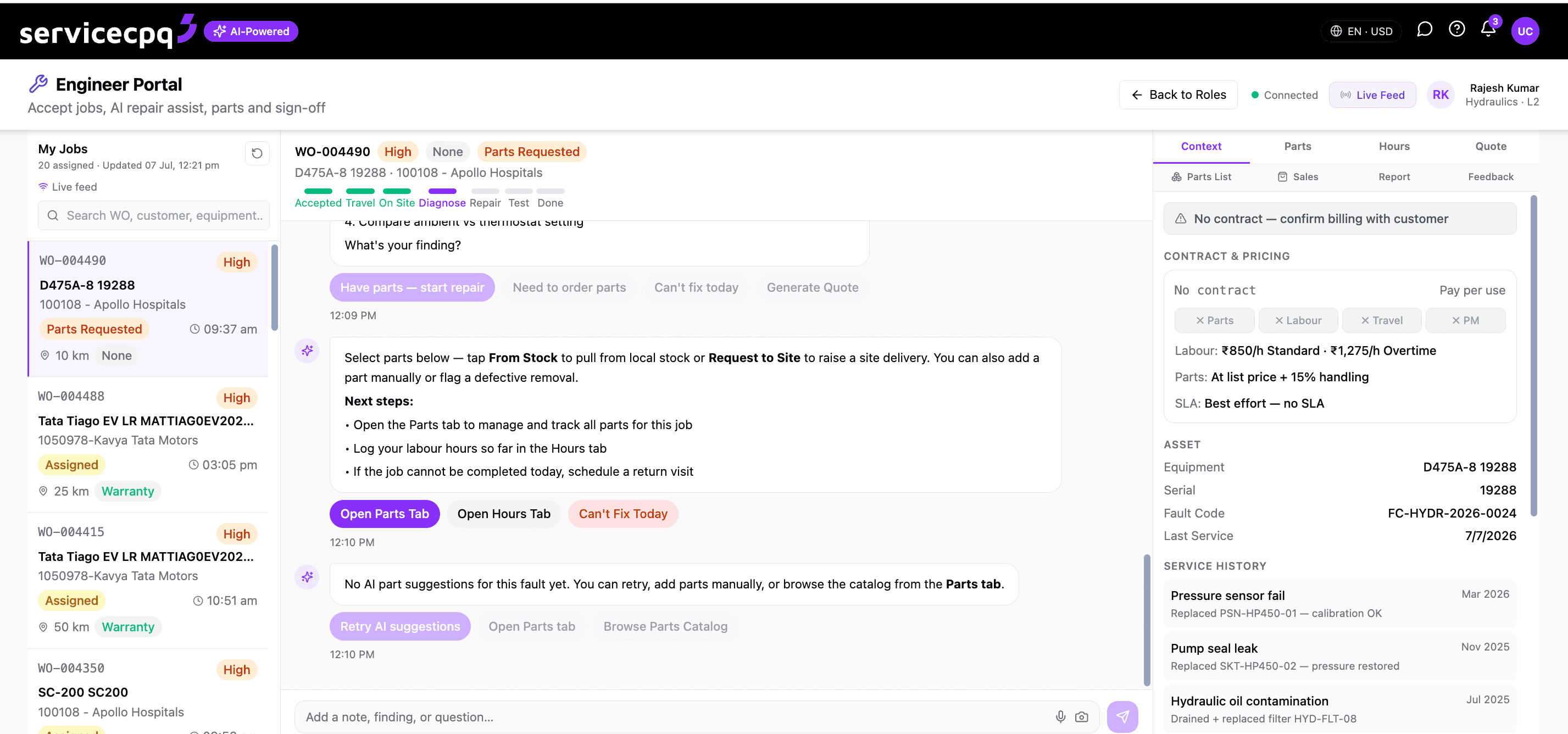 Engineer Portal — technician work order feed