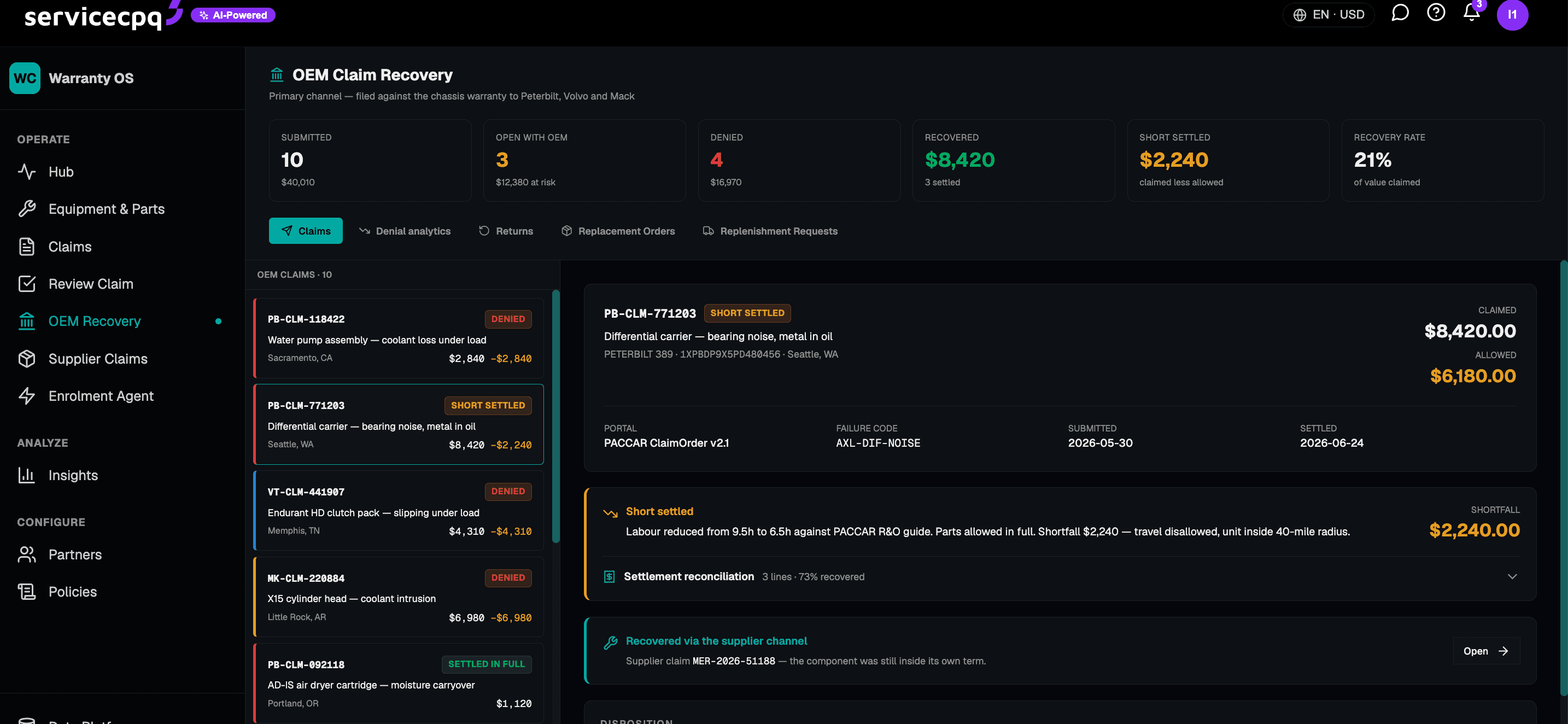 Claim Accelerator — OEM supplier recovery recommendation