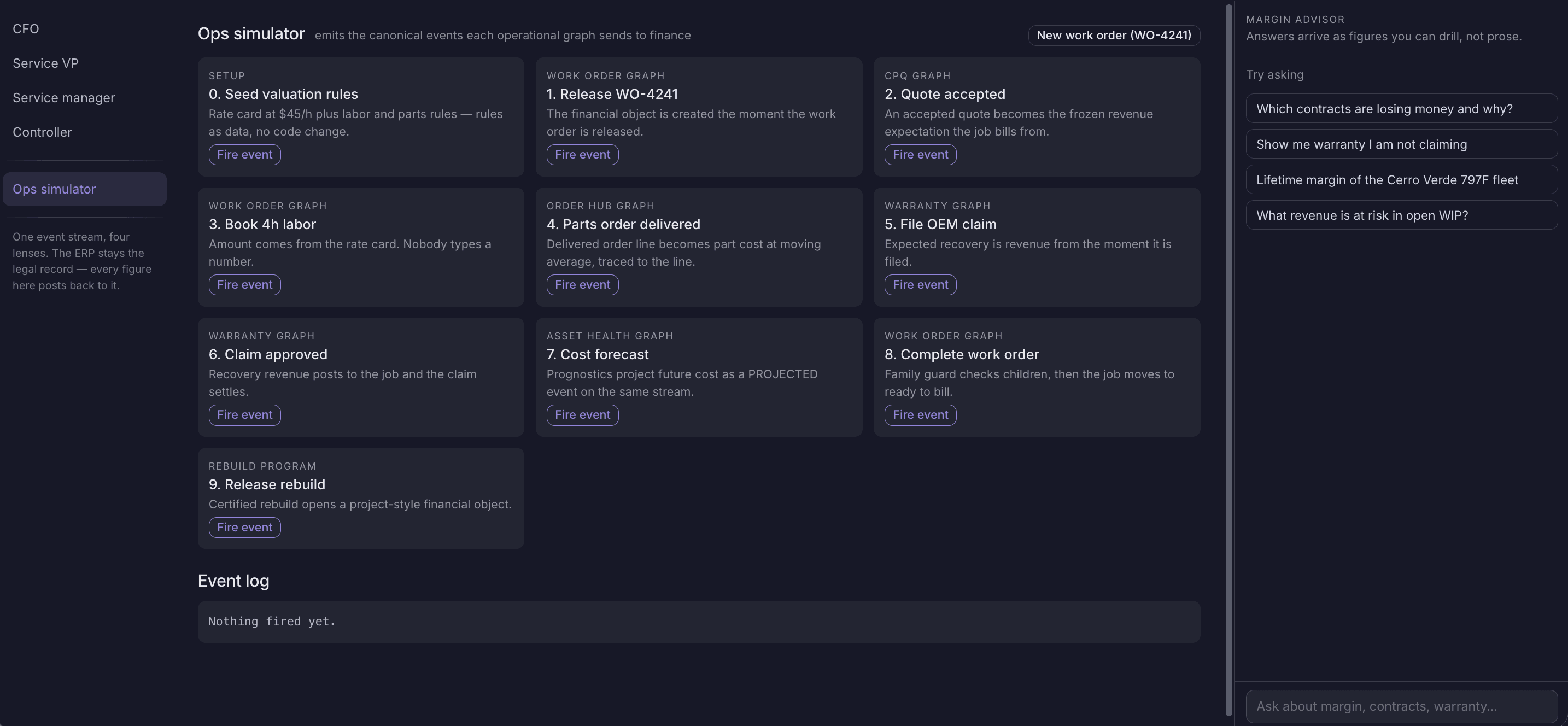 Ops simulator — numbered canonical-event cards and the live event log
