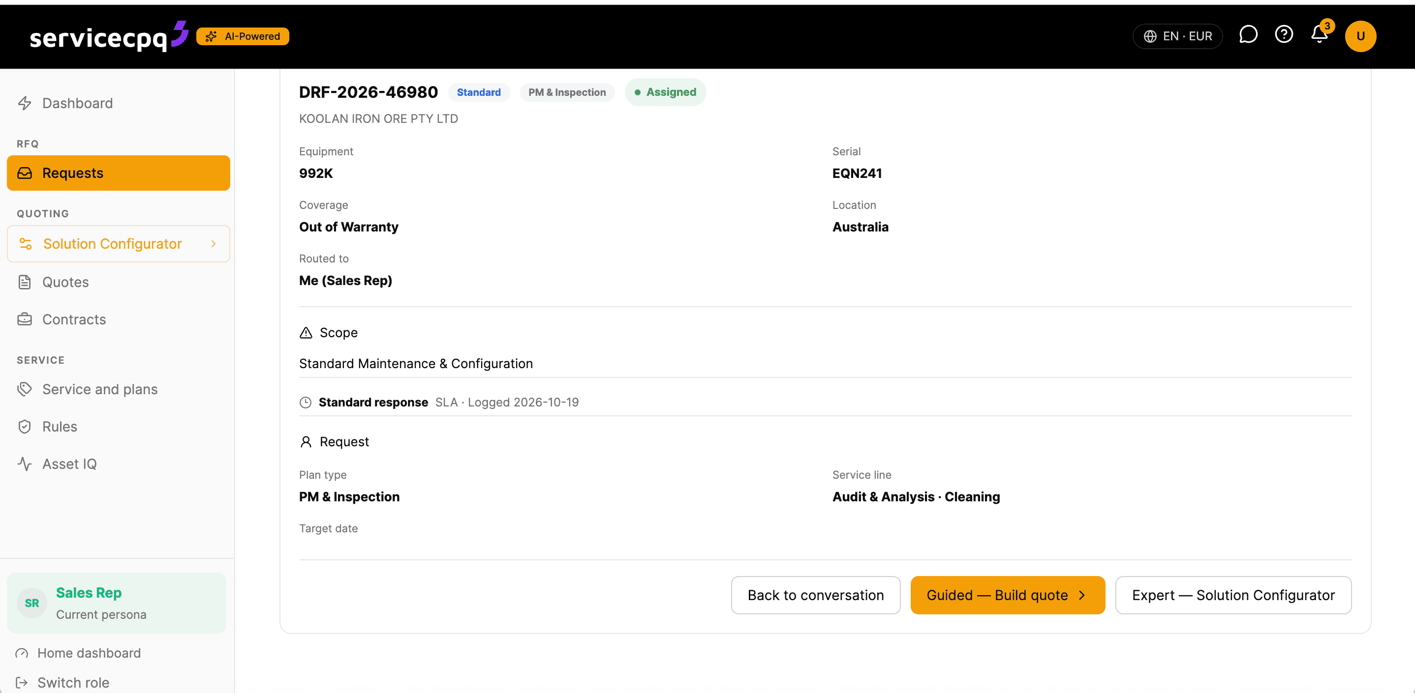 RFQ request routed to the sales rep with equipment, coverage and recommended scope