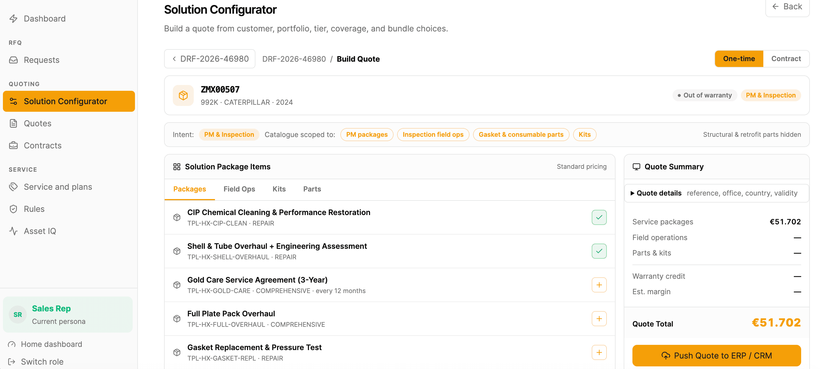 Solution configurator building a priced quote with package items and a live quote summary