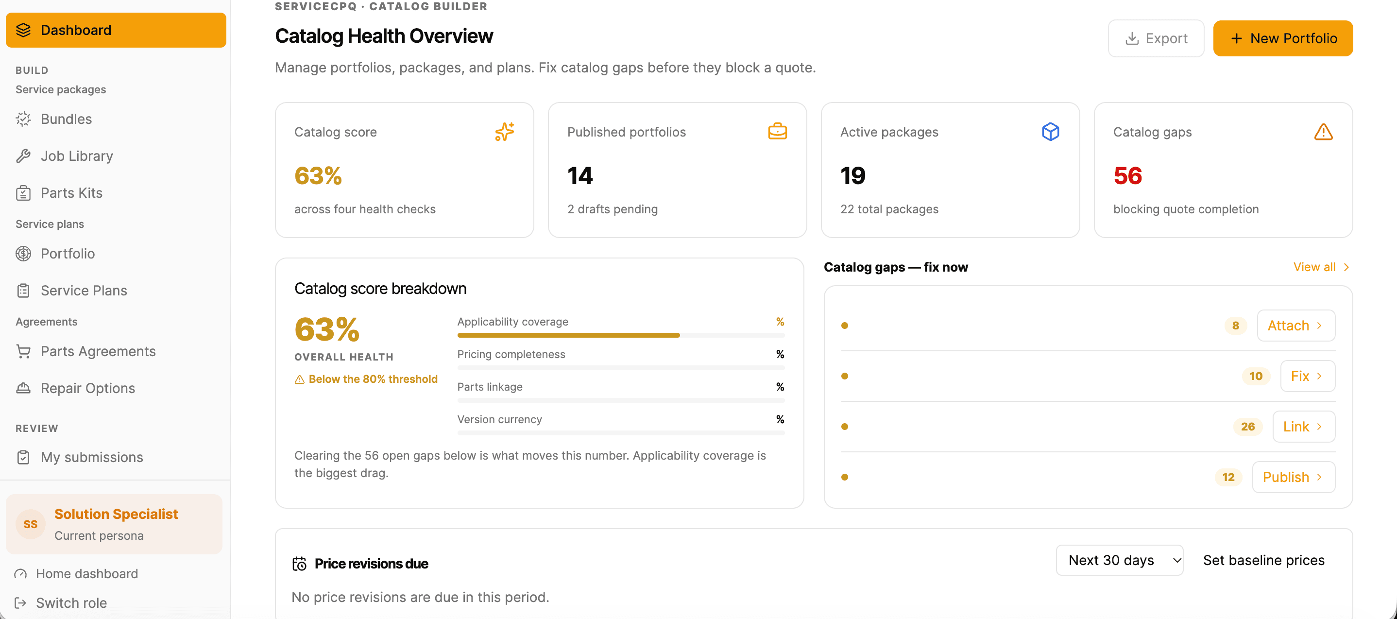 Catalog Builder — catalog health overview with catalog score, published portfolios, active packages and open gaps