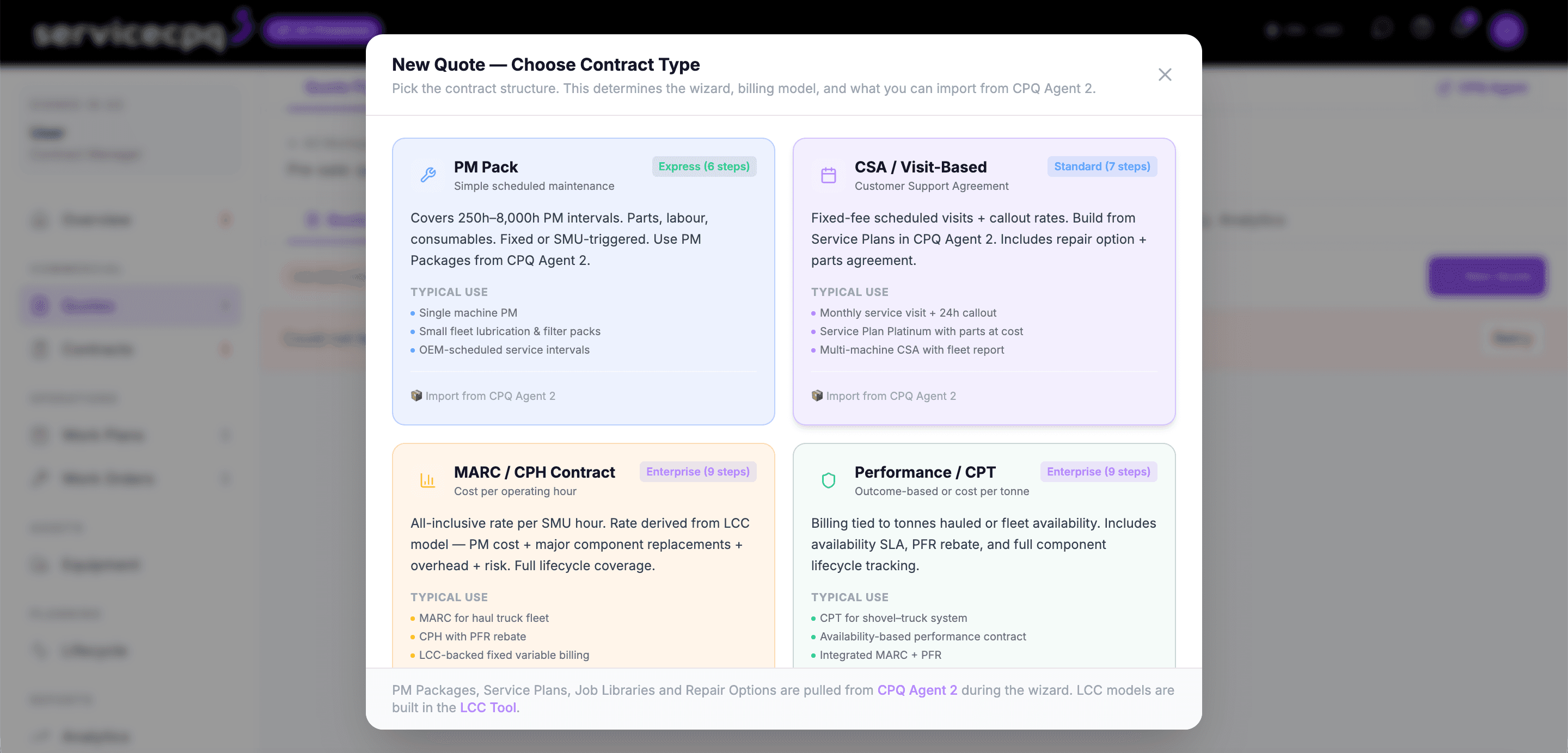 New quote — choose contract type: PM Pack, CSA / Visit-Based, MARC / CPH, Performance / CPT