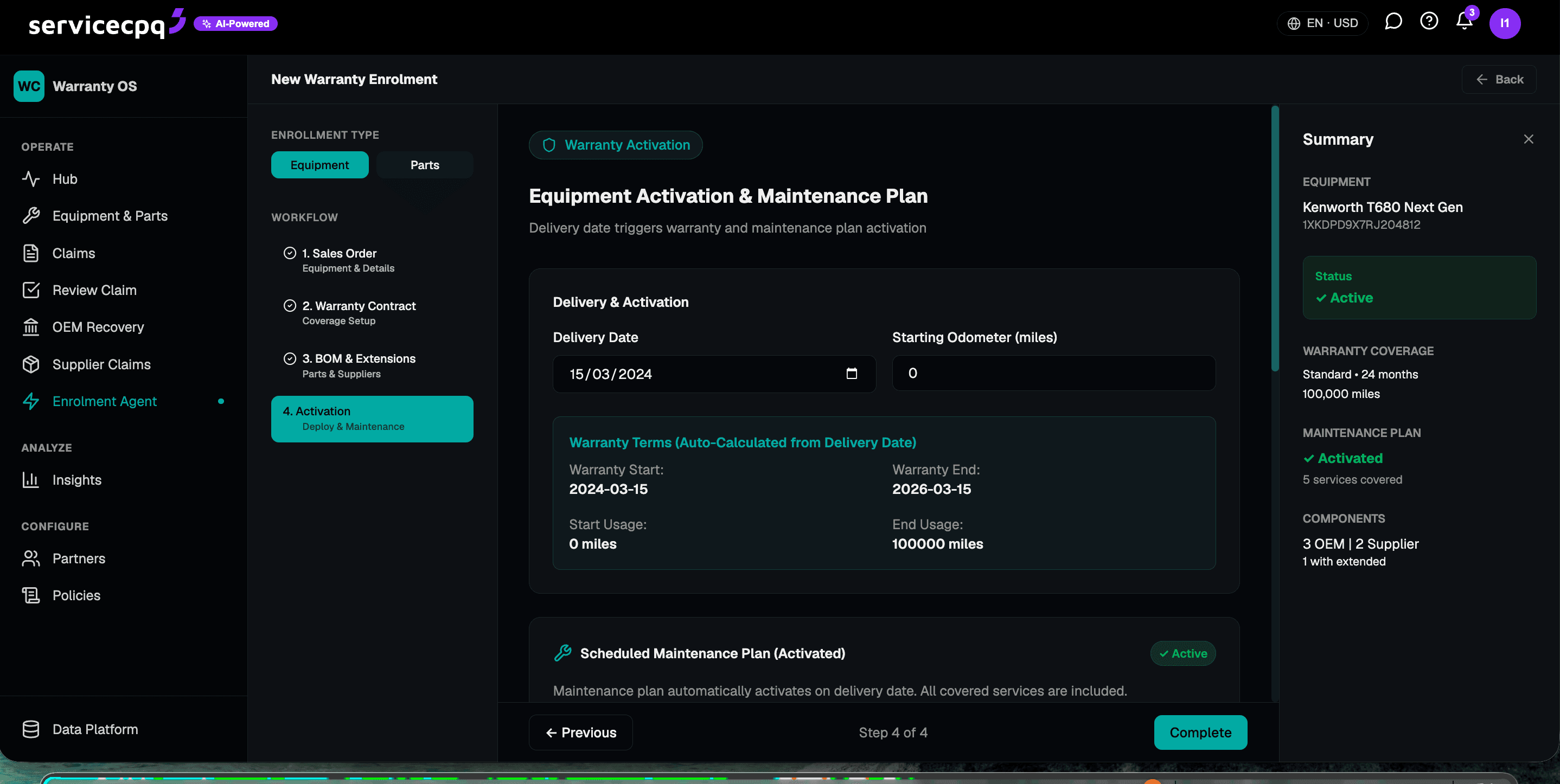 Warranty Enrolment — equipment activation and maintenance plan step
