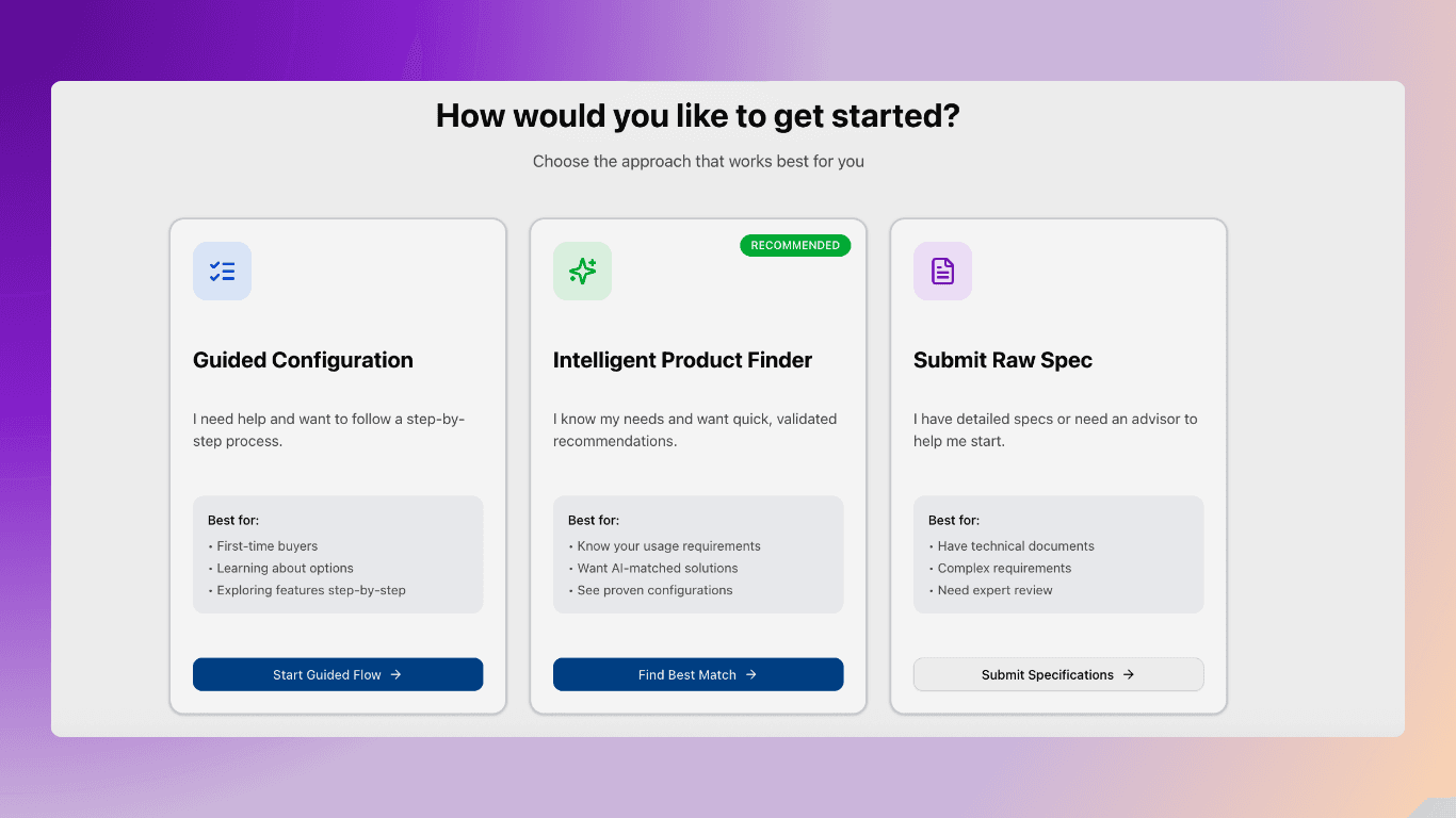 ServiceCPQ configurator entry — guided configuration, intelligent product finder, and submit raw spec
