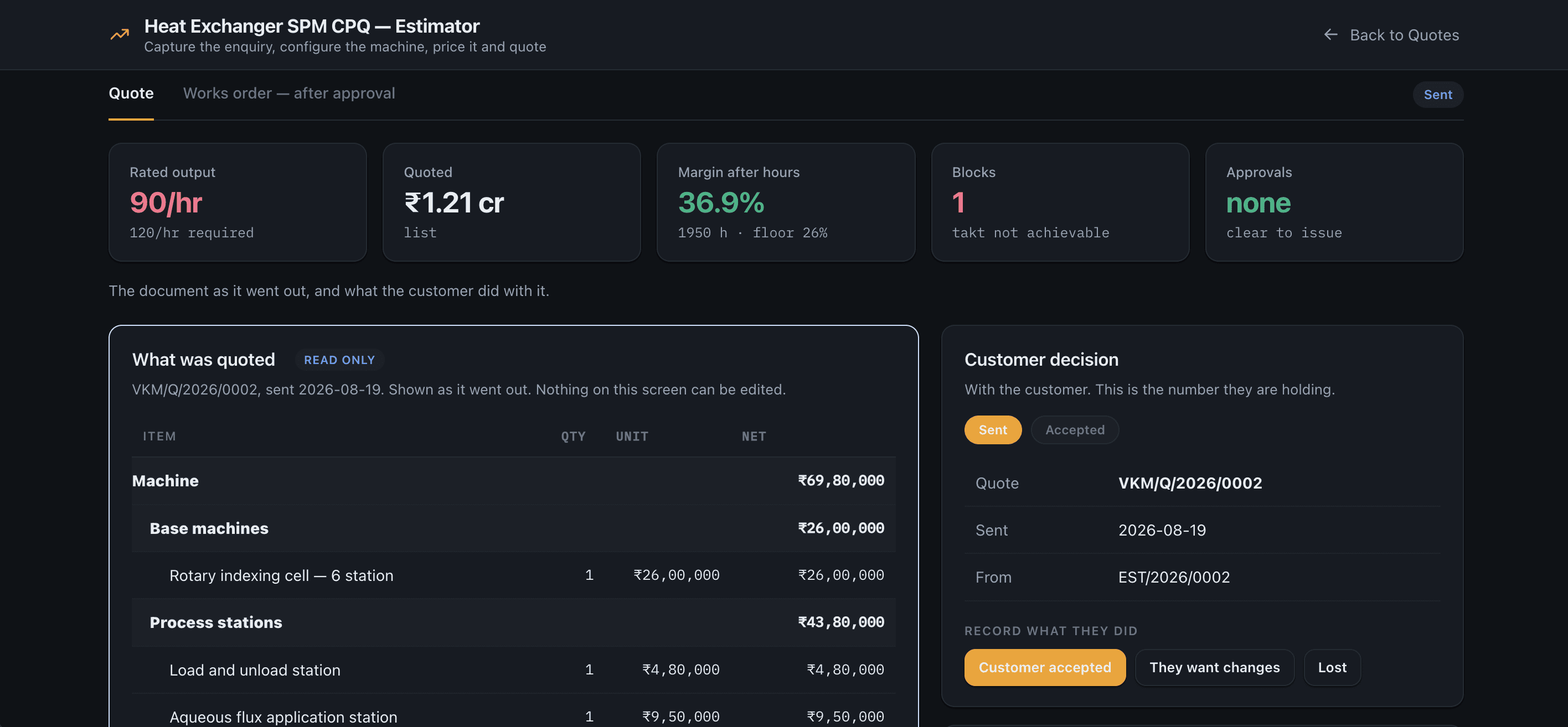 ServiceCPQ estimator — the quote as it went out, with margin after production hours and the customer decision