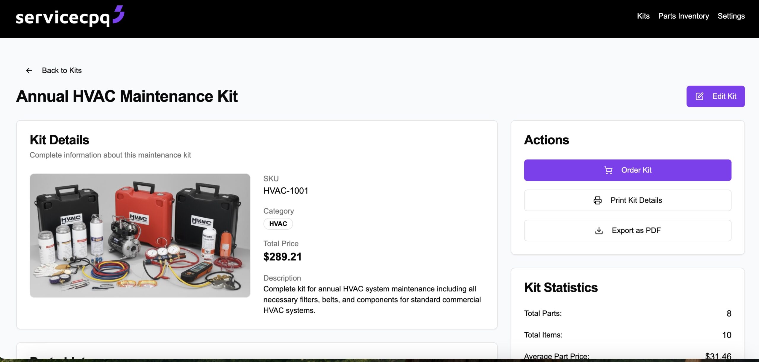 Smart Service Parts Kits Management Interface