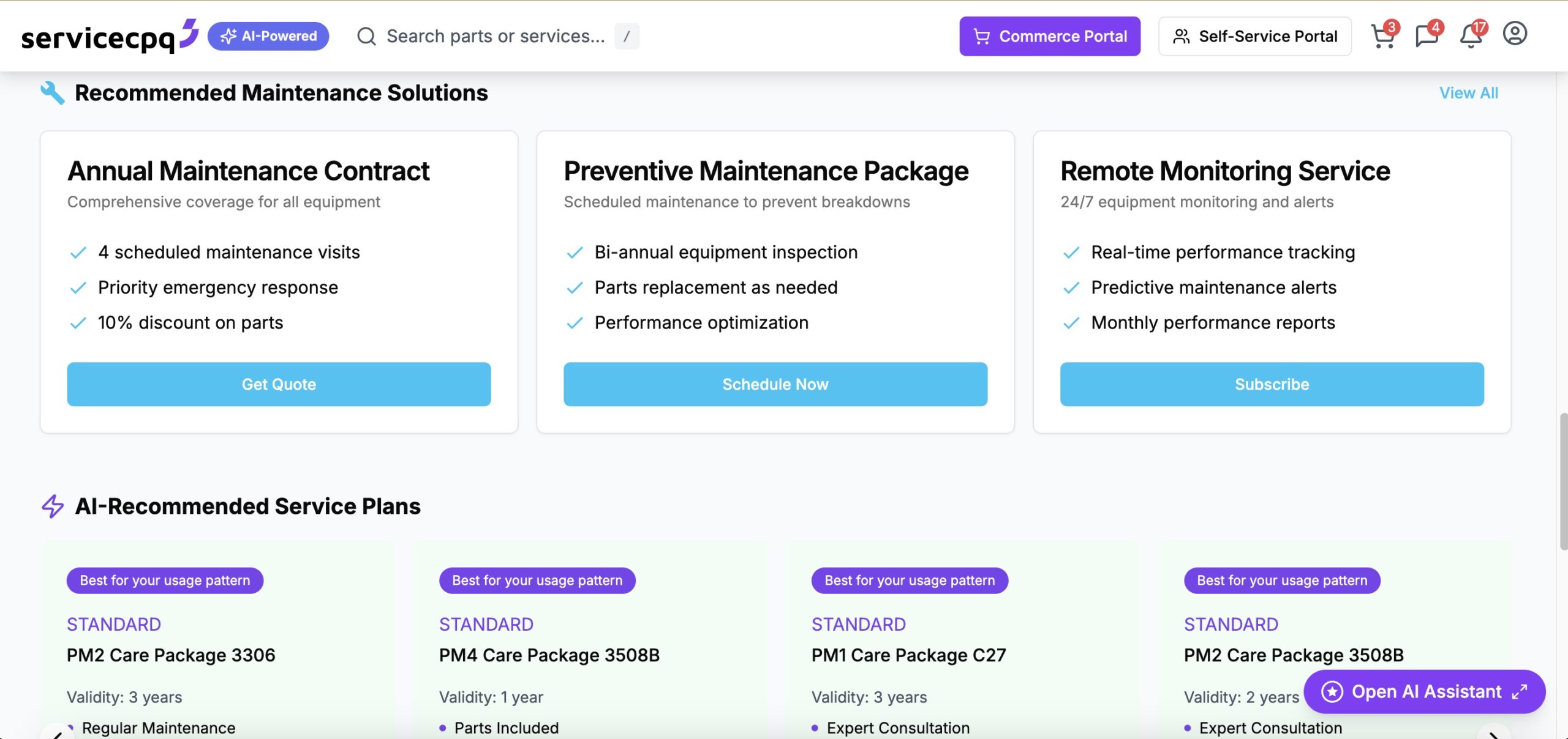 Personalized recommendations dashboard showing service kits, parts suggestions, and cross-selling opportunities based on purchase history