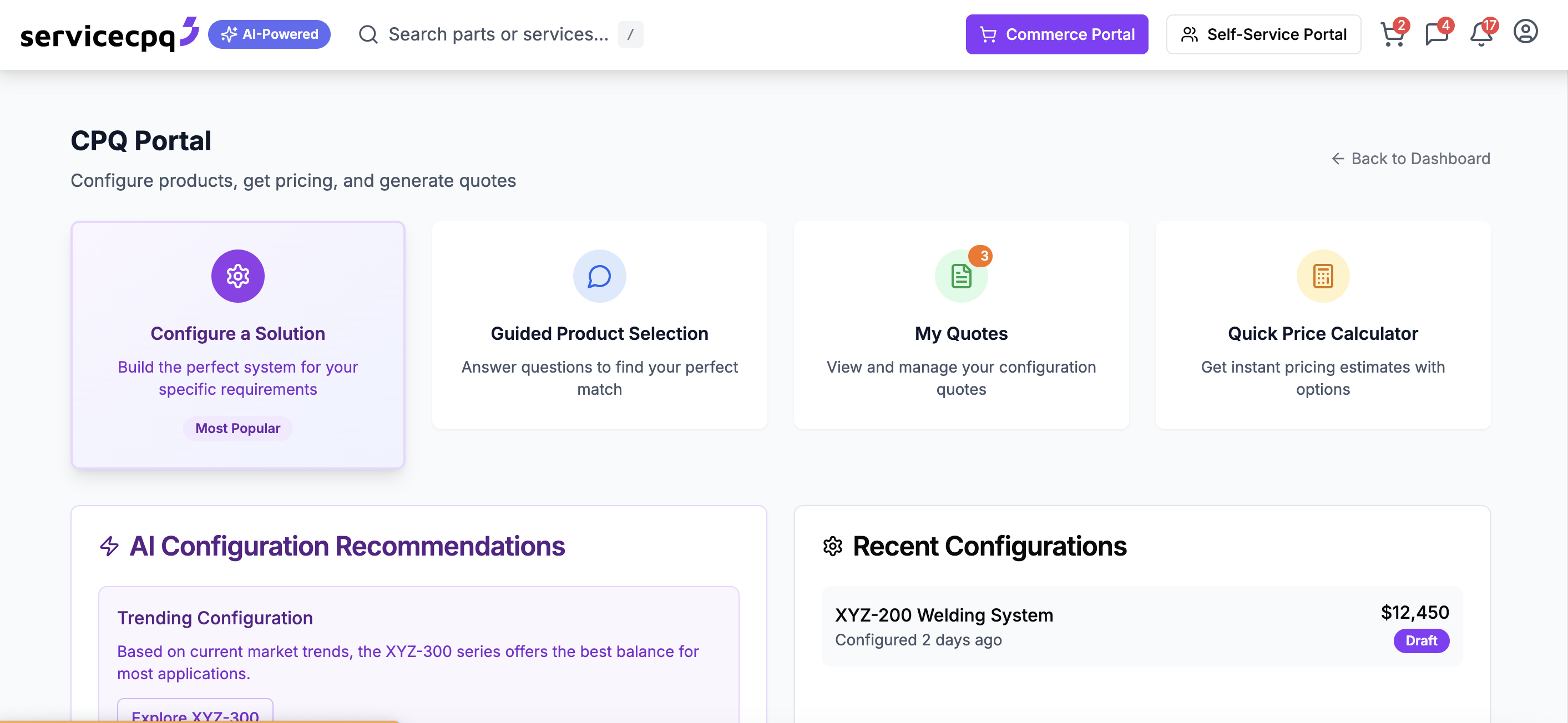 Complete B2B Commerce CPQ platform dashboard showing product configuration, pricing, quote management, and customer self-service interface