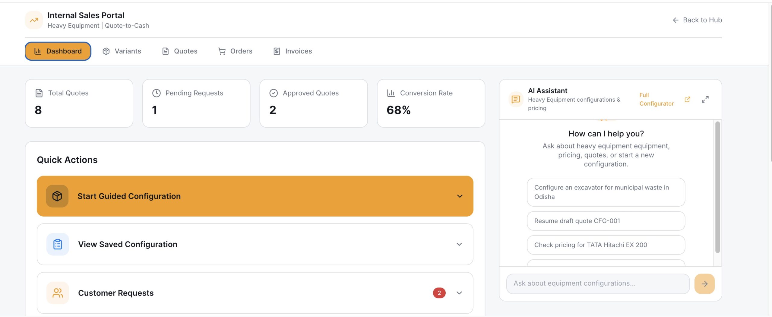 ServiceCPQ Internal Sales Portal — AI-powered equipment configuration