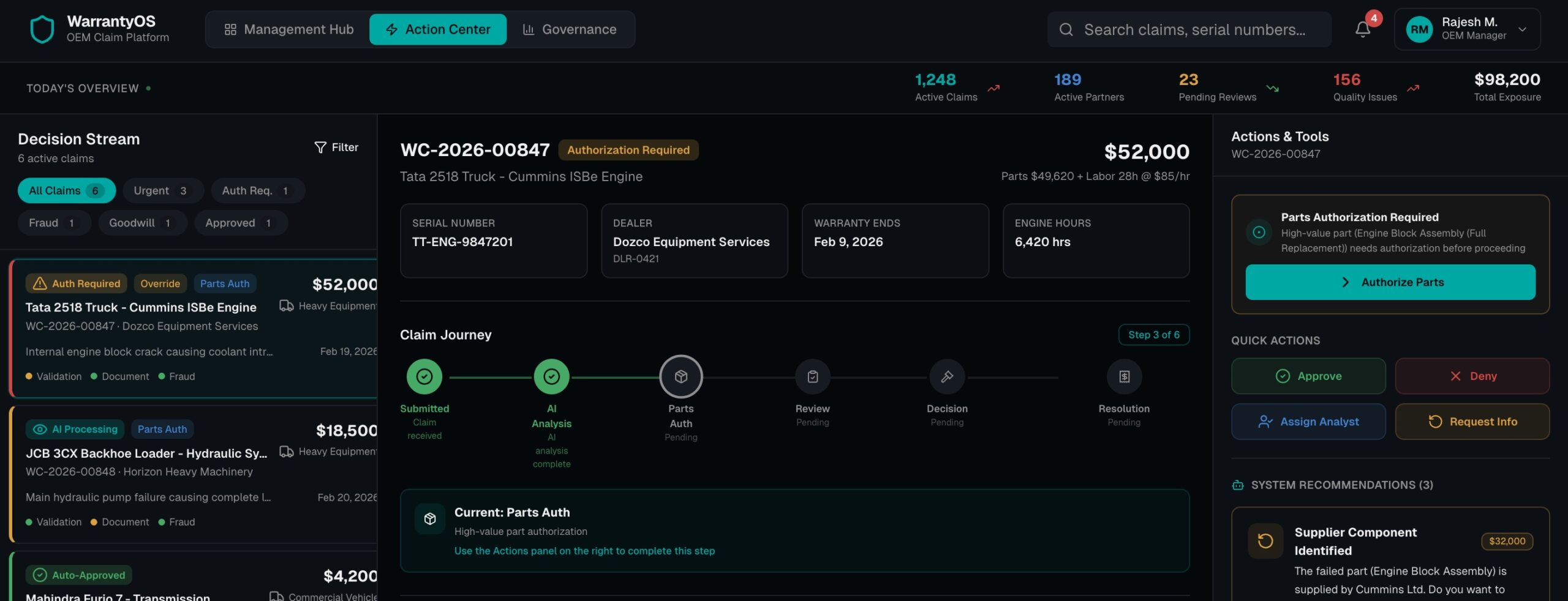 WarrantyOS — OEM Claim Platform with AI decision stream